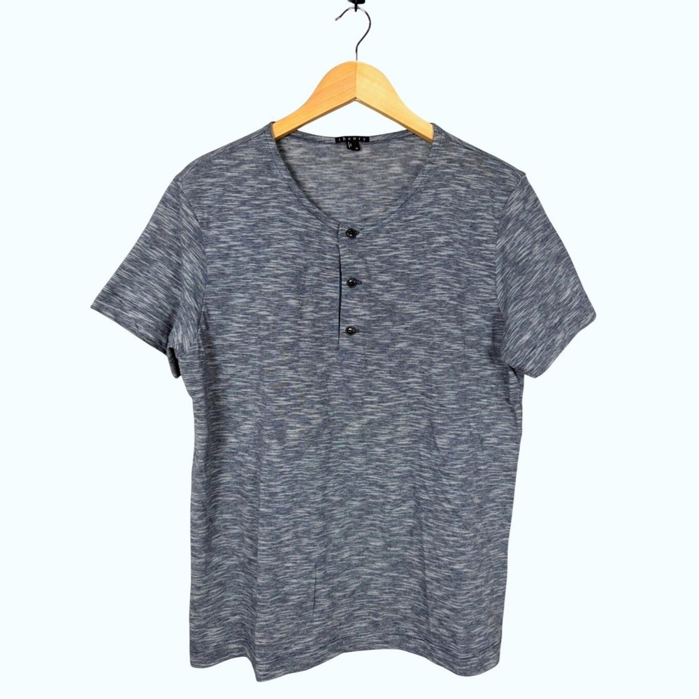 Theory Mens Henley Shirt XL Blue Heathered Short Sleeve Button Neck Casual